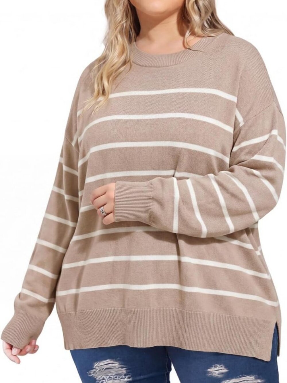 Cozy Plus Size Knit Sweater for Women - Crewneck Pullover with Side Split